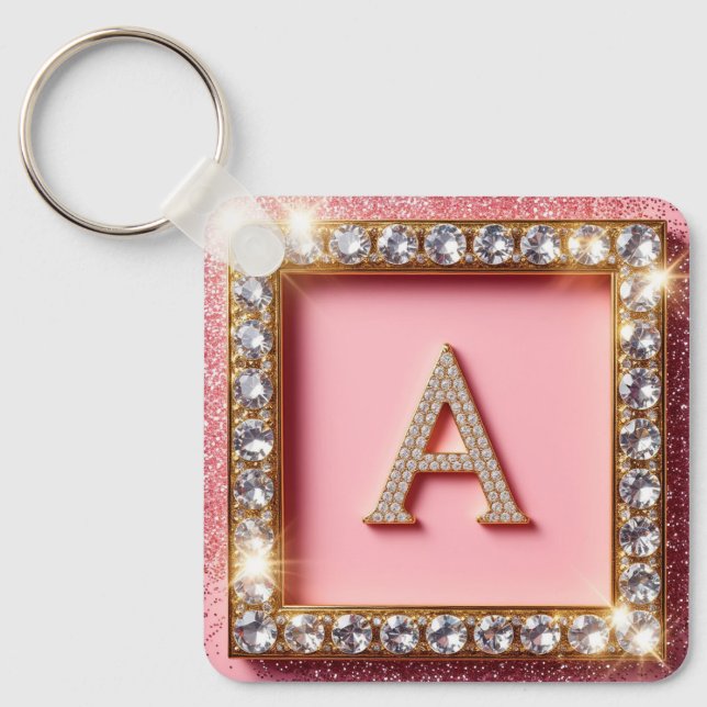 Diamant Initial A Guld Ram Rosa Glitter Monogram Nyckelring (Framsida)
