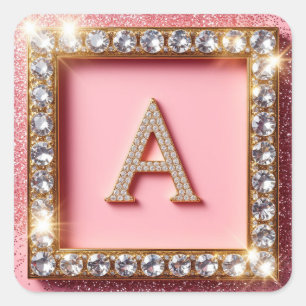 Diamant Initial A Rosa Glitter Monogram Fyrkantigt Klistermärke