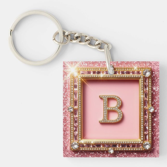 Diamant Initial B Rosa Glitter Guld Ram Monogram (Framsidan)