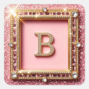 Diamant Initial B Rosa Glitter Guld Ram Monogram Fyrkantigt Klistermärke