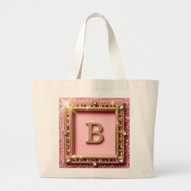 Diamant Initial B Rosa Glitter Guld Ram Monogram Jumbo Tygkasse (Framsidan)