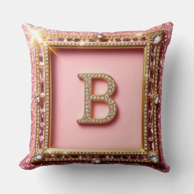 Diamant Initial B Rosa Glitter Guld Ram Monogram Kudde (Framsida)