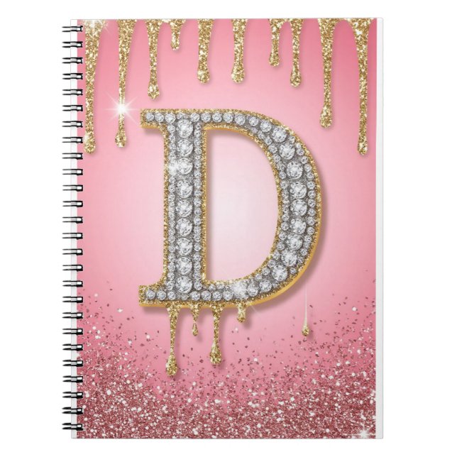 Diamant Initial Bokstav D Guld Rosa Present Till M Anteckningsbok (Framsidan)