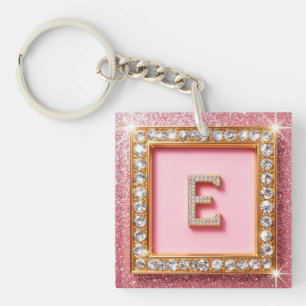 Diamant Initial E Guld Ram Rosa Glitter Monogram