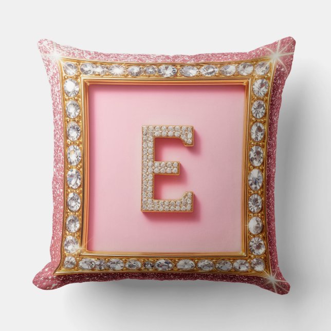 Diamant Initial E Guld Ram Rosa Glitter Monogram Kudde (Framsida)