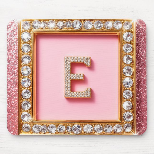 Diamant Initial E Guld Ram Rosa Glitter Monogram Musmatta (Framsidan)