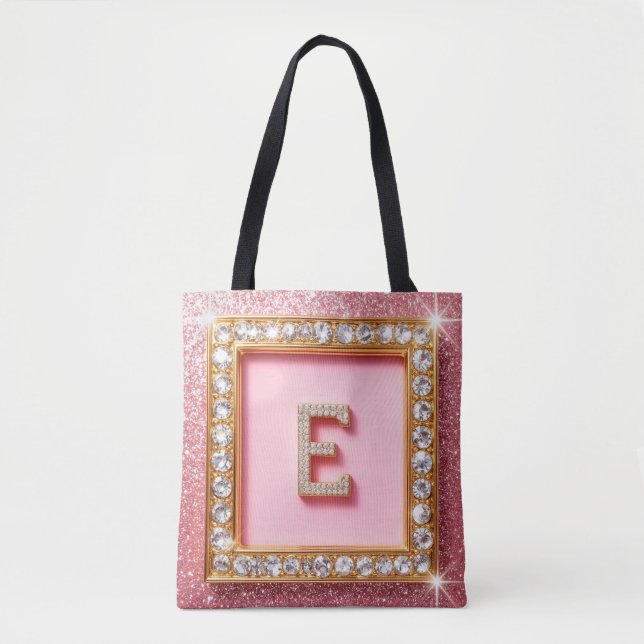 Diamant Initial E Guld Ram Rosa Glitter Monogram Tygkasse (Framsida)
