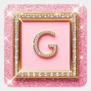 Diamant Initial G Guld Ram Rosa Glitter Monogram Fyrkantigt Klistermärke