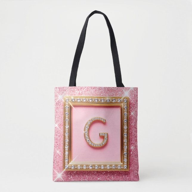 Diamant Initial G Guld Ram Rosa Glitter Monogram Tygkasse (Framsida)