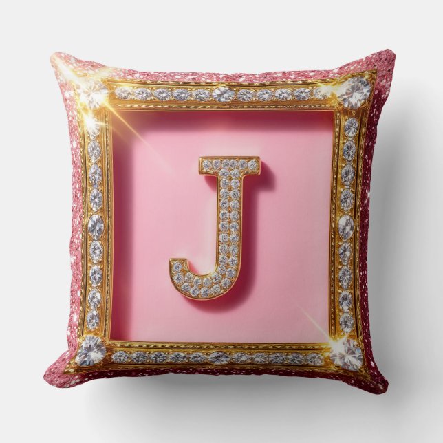 Diamant Initial J Rosa Glitter Guld Ram Monogram Kudde (Framsida)