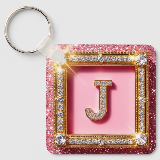 Diamant Initial J Rosa Glitter Guld Ram Monogram Nyckelring (Framsida)