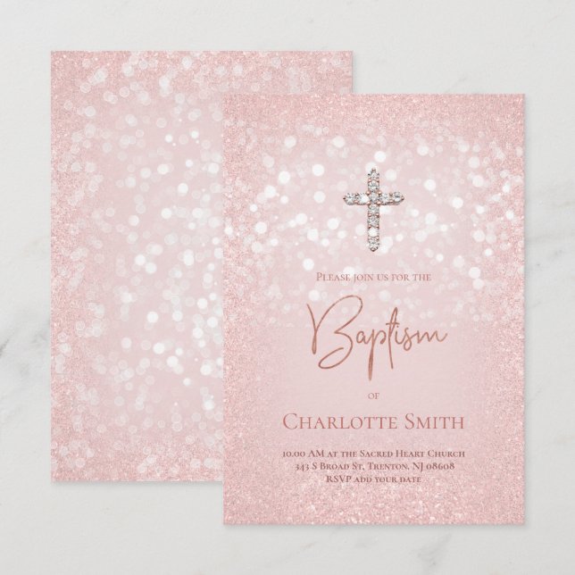 diamant kor på faux rosa glitter baptism inbjudningar (Fram/baksida)