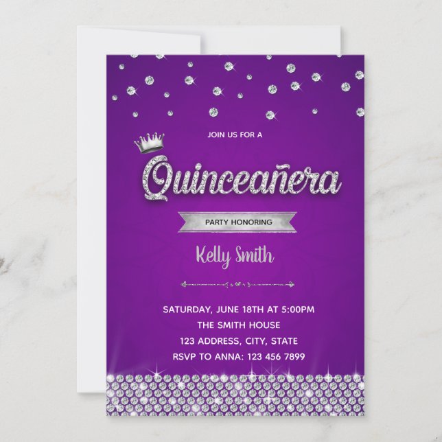Diamant Lila Silver Quinceanera inbjudan (Framsida)
