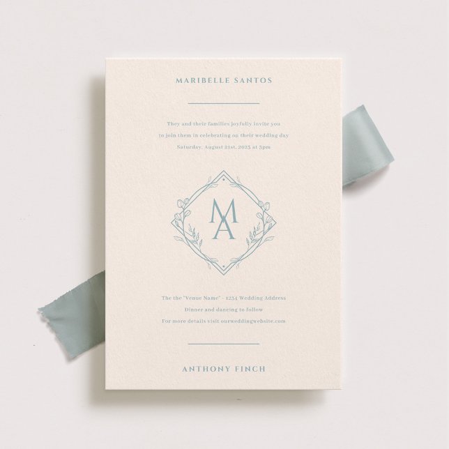 Diamant Monogram med blommor, blått Bröllop Inbjudningar (Skapare uppladdad)