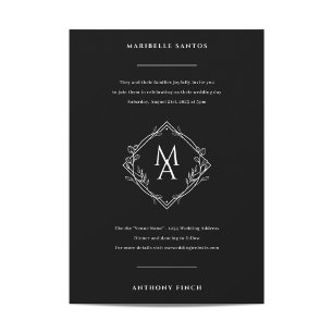 Diamant Monogram med blommor i Svarta Bröllop Inbjudningar