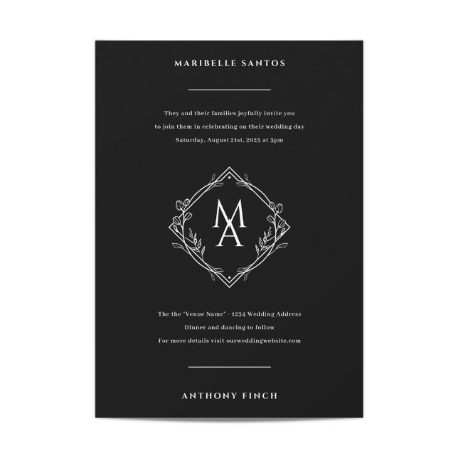 Diamant Monogram med blommor i Svarta Bröllop Inbjudningar (Skapare uppladdad)