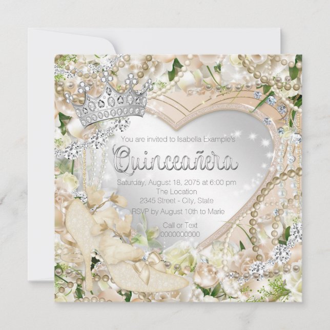 Diamant och pärlvit ros Quinceanera Inbjudningar (Framsida)