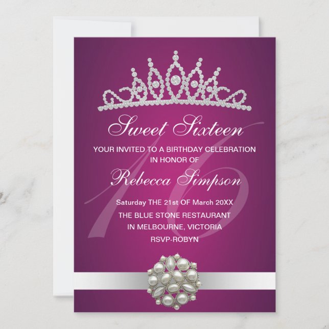 Diamant & Pärlor Rosa Tiara Födelsedagsinbjudan Inbjudningar (Framsida)