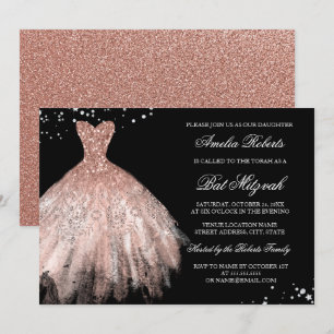 Diamant Rosa Guld Glitter Klänning Bat Mitzvah Inbjudningar