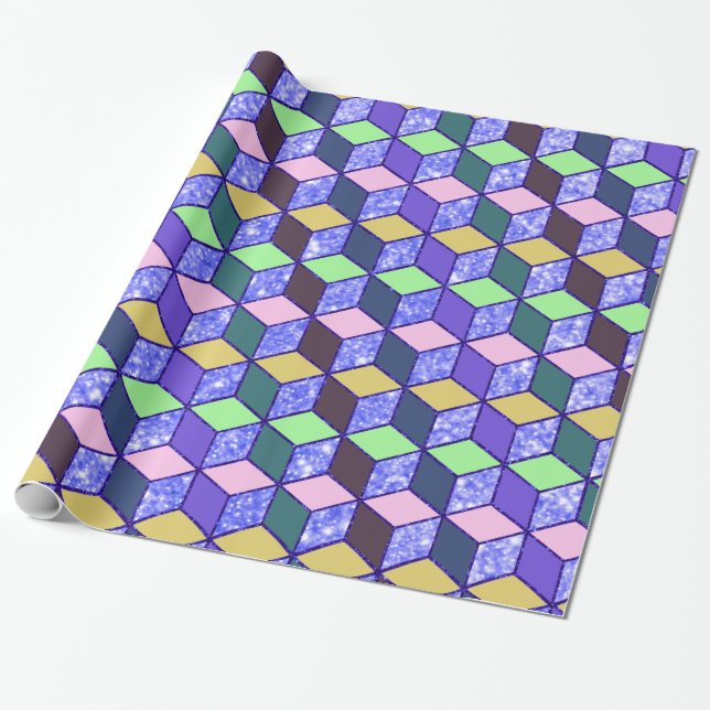 Diamant Shaped Hexagon Blue Glitter Lining Presentpapper (Utrullad)