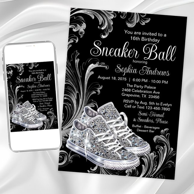 Diamant Sneaker Ball Födelsedagsfest  Inbjudningar (Black white diamond sneakers sneaker ball invitation. Available for Instant download and print.)