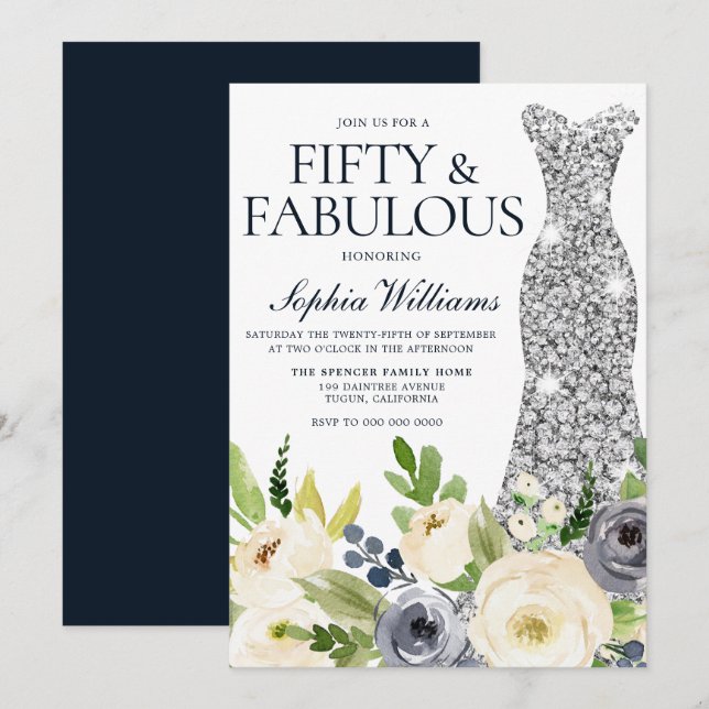 Diamantblöjdpunkt för marin och vit Blommigt 50:e  Inbjudningar (Fram/baksida)