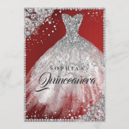 Diamantbrokad Glänsande Klänning Röd Quinceanera Inbjudningar