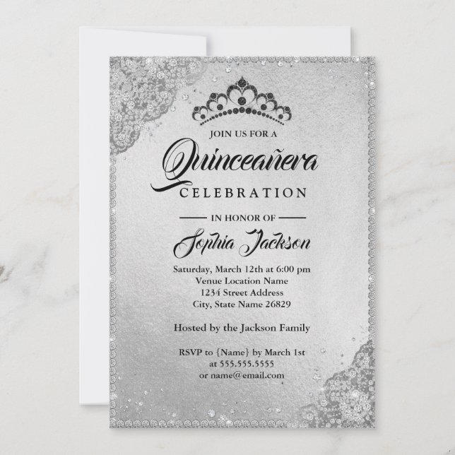 Diamantbrokad Glänsande Silver Quinceanera Inbjudningar (Framsida)