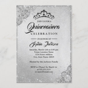 Diamantbrokad Glänsande Silver Quinceanera Inbjudningar