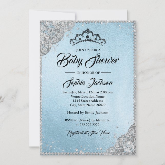 Diamantbrokad Glitter Blå Silver Baby Shower Inbjudningar (Framsida)