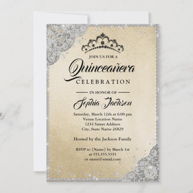 Diamantbrokad Glitter Guld Silver Quinceanera Inbjudningar (Framsida)