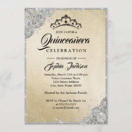 Diamantbrokad Glitter Guld Silver Quinceanera Inbjudningar