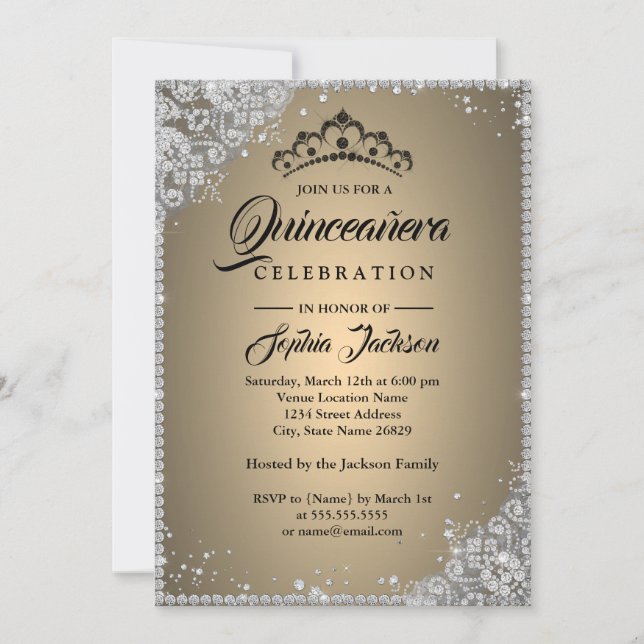 Diamantbrokad Glitter Guld Silver Quinceanera Inbjudningar (Framsida)