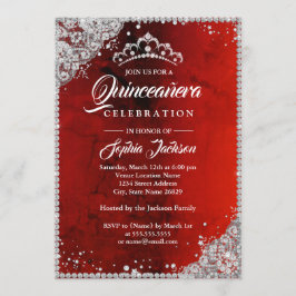 Diamantbrokad Glitter Röd Silver Quinceanera Inbjudningar