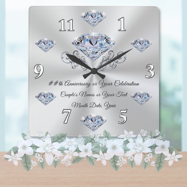 Diamantbröllopet tar tid på eller ditt firande fyrkantig klocka (Diamond wedding anniversary gifts for parents. 10 years of marriage gifts. Clock anniversary gift.)