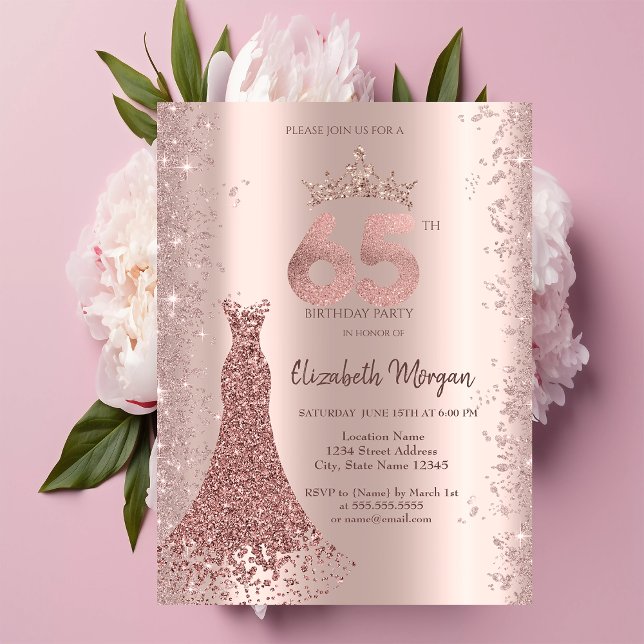 Diamantdräkt Rosa Guld Glitterdamm 65-årsdag Inbjudningar (Skapare uppladdad)