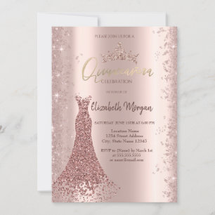 Diamantdräkt Rosa Guld Glitterdamm Quinceañera Inbjudningar