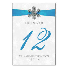 Diamante Snowflake & Blue Ribbon Winter Wedding Bordsnummer