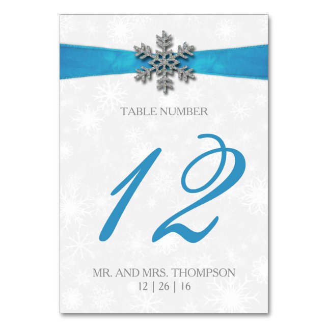 Diamante Snowflake & Blue Ribbon Winter Wedding Bordsnummer (Framsidan)