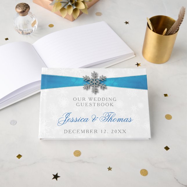 Diamante Snowflake & Blue Ribbon Winter Wedding Gästböcker (Framsida öppen)