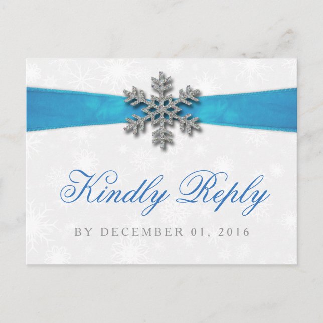 Diamante Snowflake & Blue Ribbon Winter Wedding Inbjudan Vykort (Framsida)