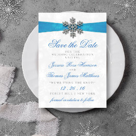Diamante Snowflake & Blue Ribbon Winter Wedding Inbjudningar