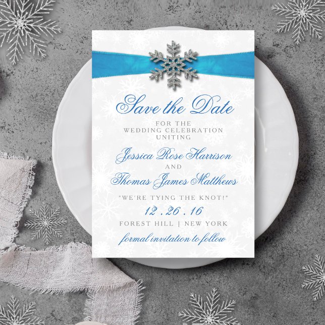 Diamante Snowflake & Blue Ribbon Winter Wedding Inbjudningar (Skapare uppladdad)