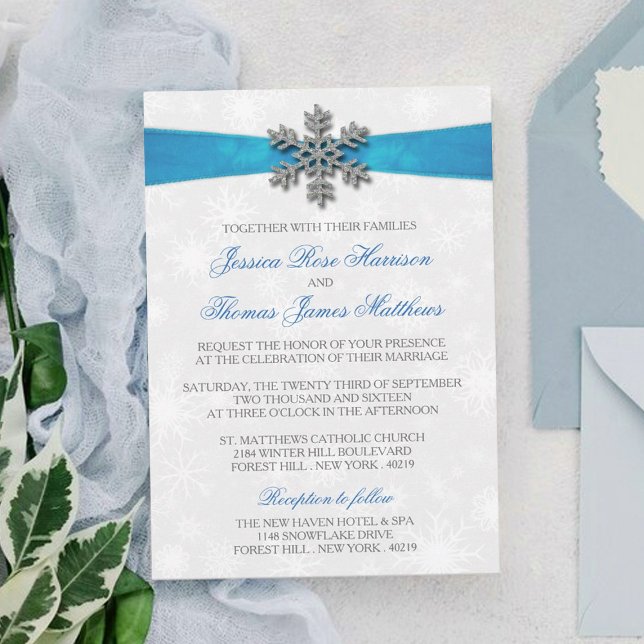 Diamante Snowflake & Blue Ribbon Winter Wedding Inbjudningar (Skapare uppladdad)