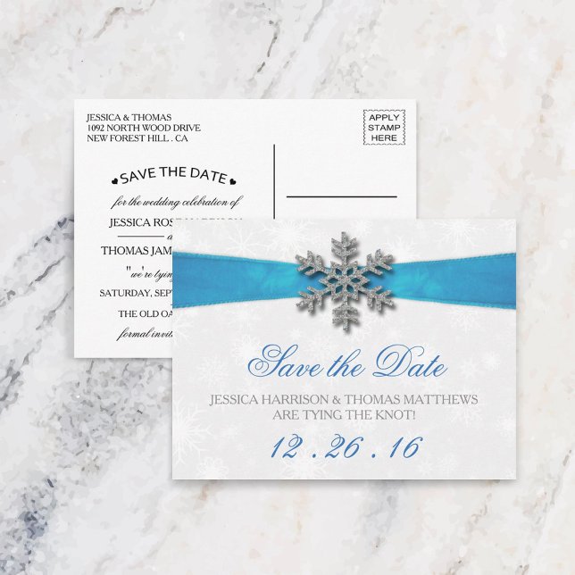 Diamante Snowflake & Blue Ribbon Winter Wedding Meddelande Vykort (Skapare uppladdad)