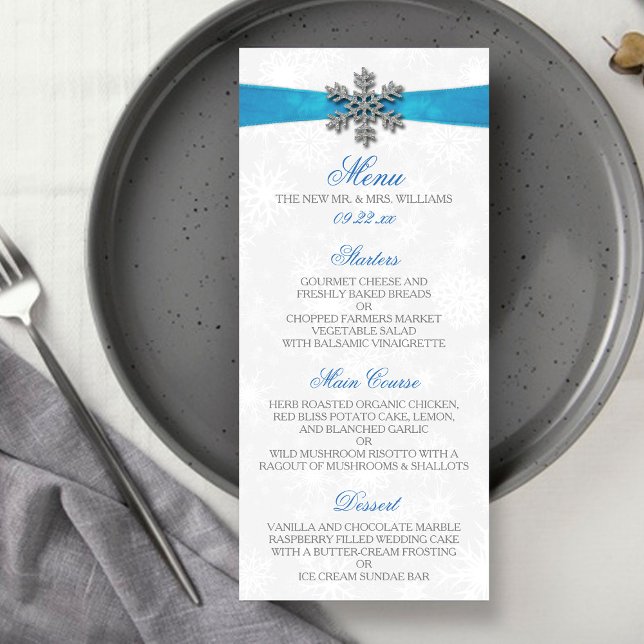 Diamante Snowflake & Blue Ribbon Winter Wedding Meny (Skapare uppladdad)
