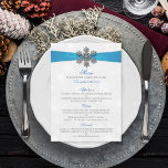 Diamante Snowflake & Blue Ribbon Winter Wedding Meny<br><div class="desc">Röntsnöflingan och blåraket bröllop är perfekt för alla par som planerar ett romantiskt vinterbröllop firande. Utformningen har en lätt silvud-grått och en vit snöflingor med en romante-snöflake ovanpå ett silkesaktigt tittar band. Ordalydelsen innehåller samma grått- och blått färg av formgivningen och kan lätt användas som personlig för att passa din...</div>