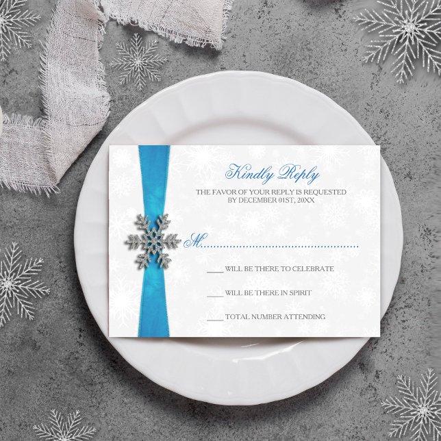 Diamante Snowflake & Blue Ribbon Winter Wedding OSA Kort (Skapare uppladdad)