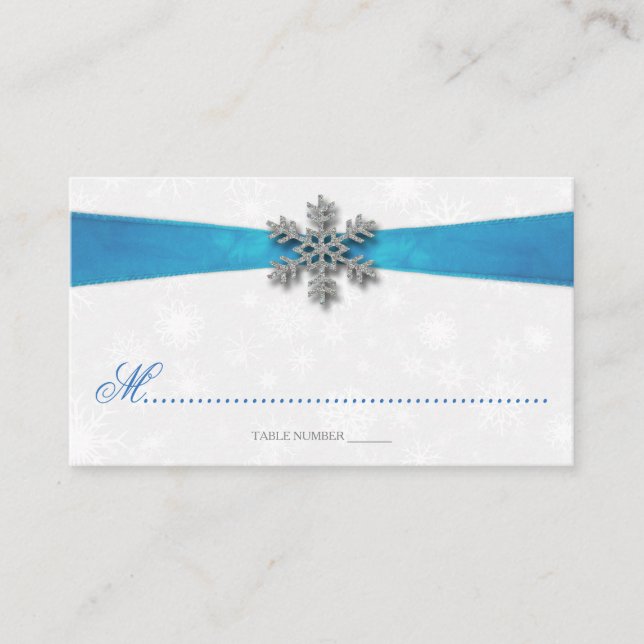Diamante Snowflake & Blue Ribbon Winter Wedding Placeringskort (Framsida)