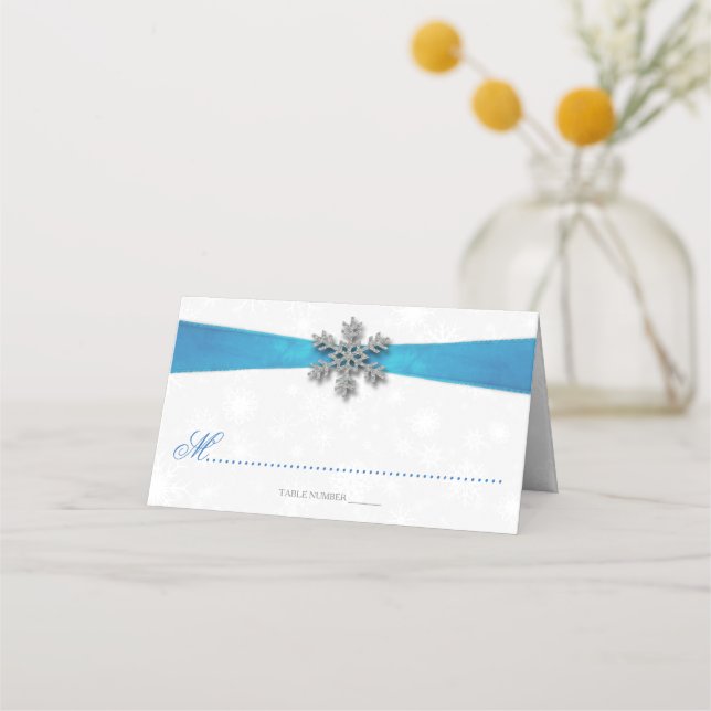 Diamante Snowflake & Blue Ribbon Winter Wedding Placeringskort (Framsida)